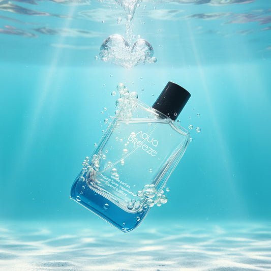 Clear bottle labeled 'Aqua Breeze' underwater with light rays