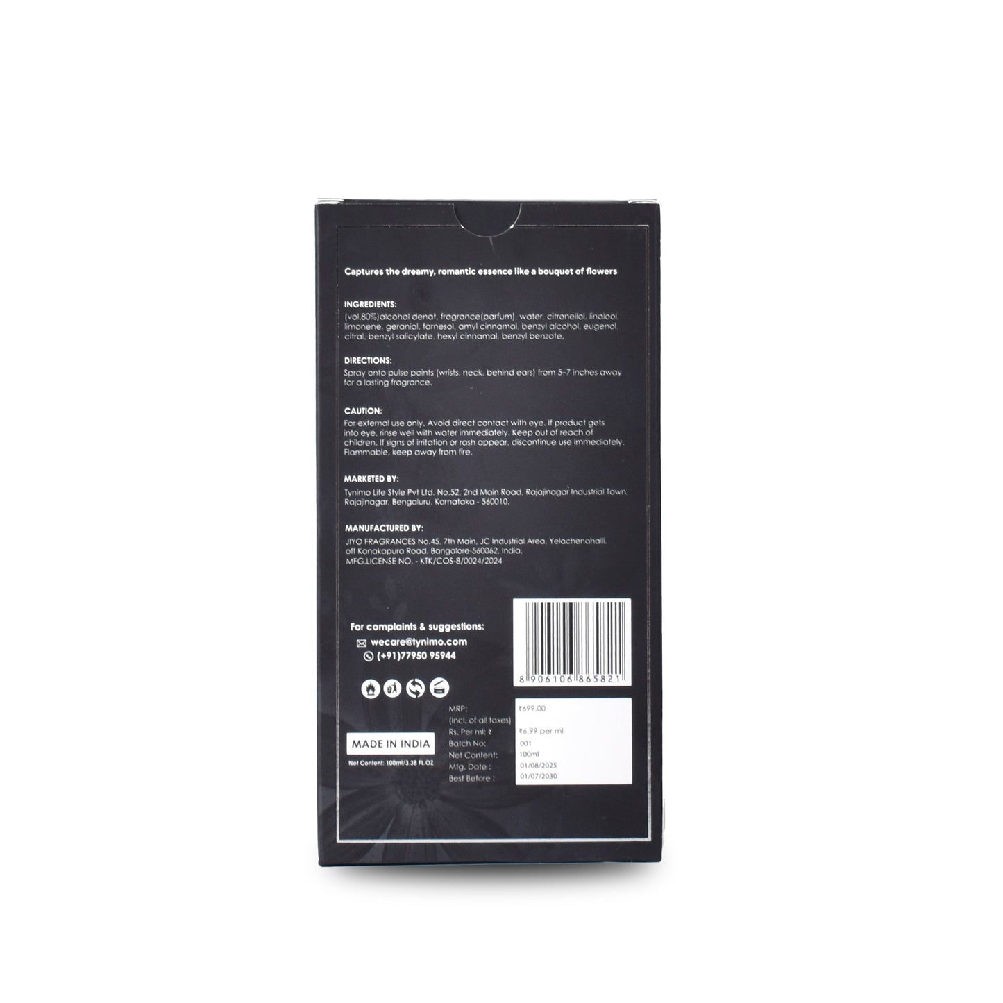 Back view of a black product packaging with text and a barcode on a white background