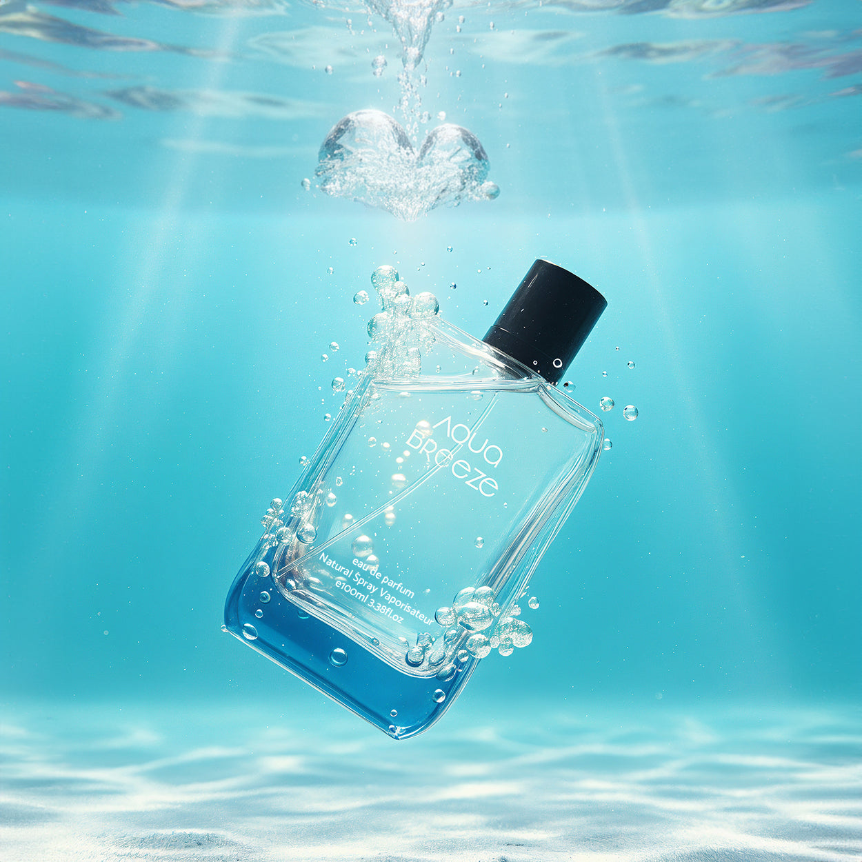 Clear bottle labeled 'Aqua Breeze' underwater with light rays