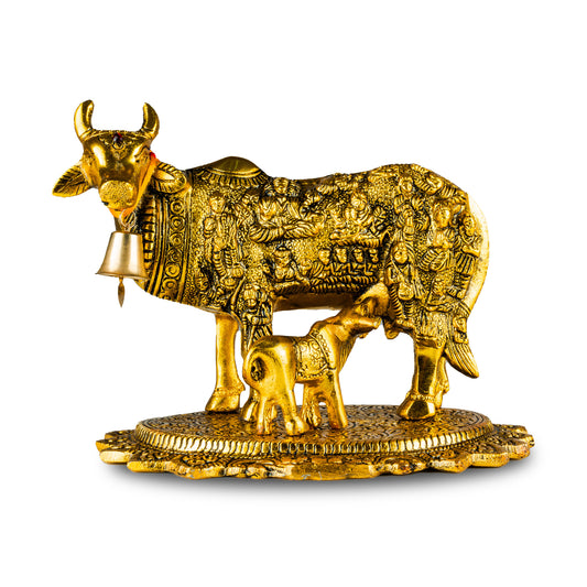 Metal Handicraft Kamadhenu with Calf | Height: 6" tynimo