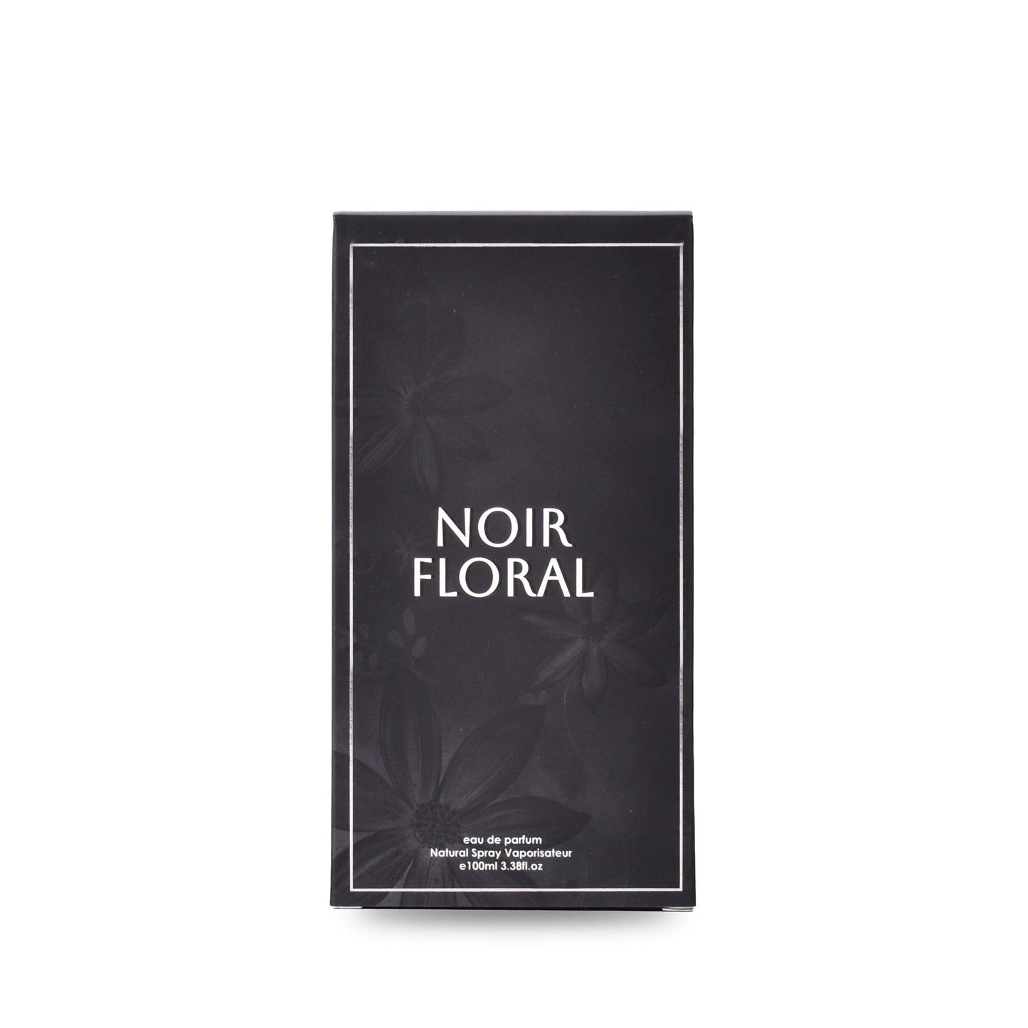 Dark packaging of Noir Floral perfume with floral design on a white background