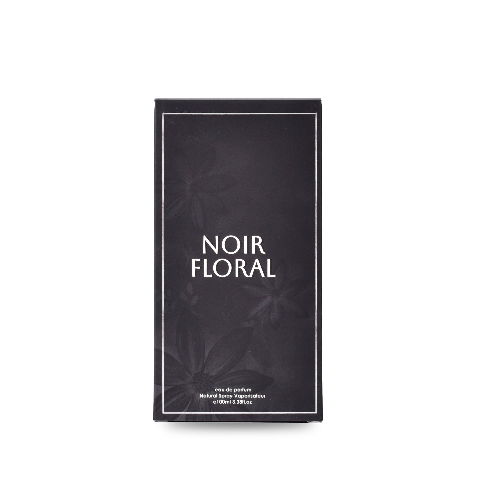 Dark packaging of Noir Floral perfume with floral design on a white background