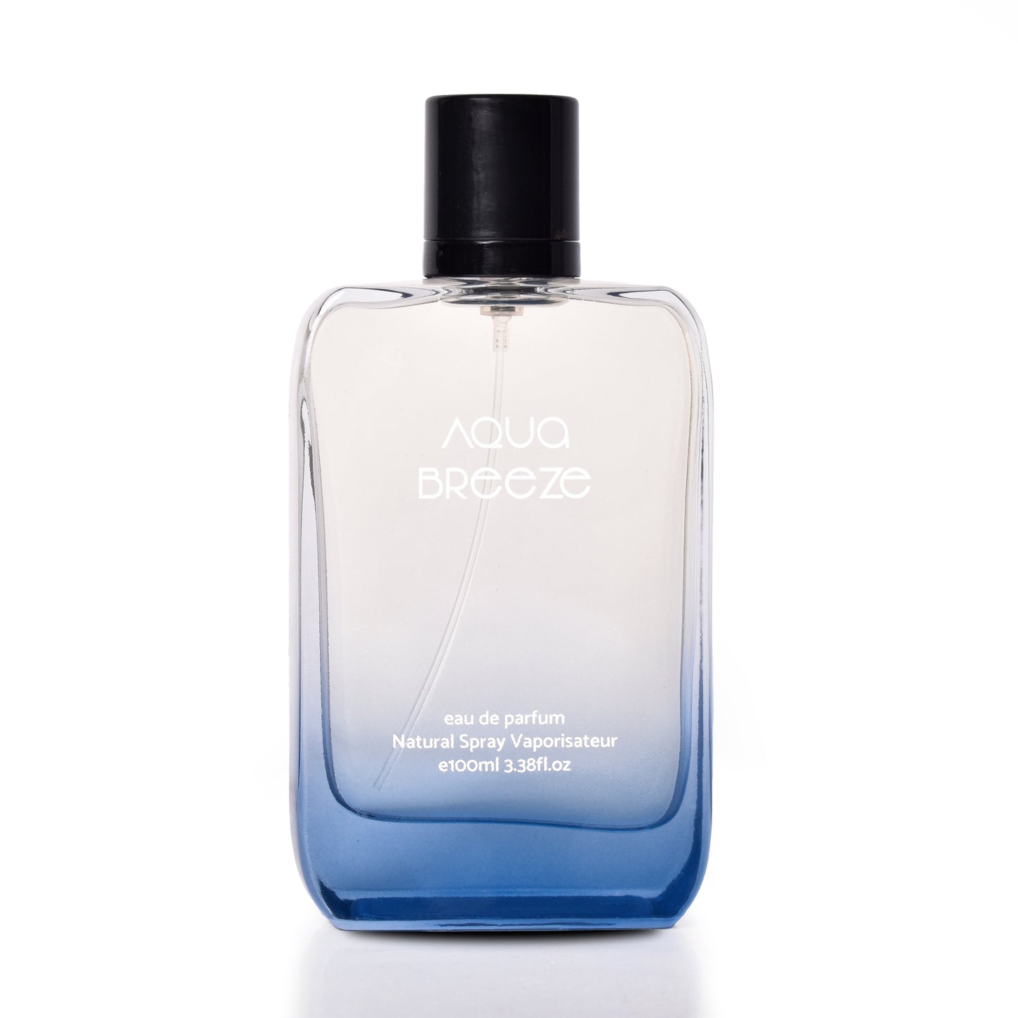Clear perfume bottle with black cap labeled 'Aqua Breeze' on a white background