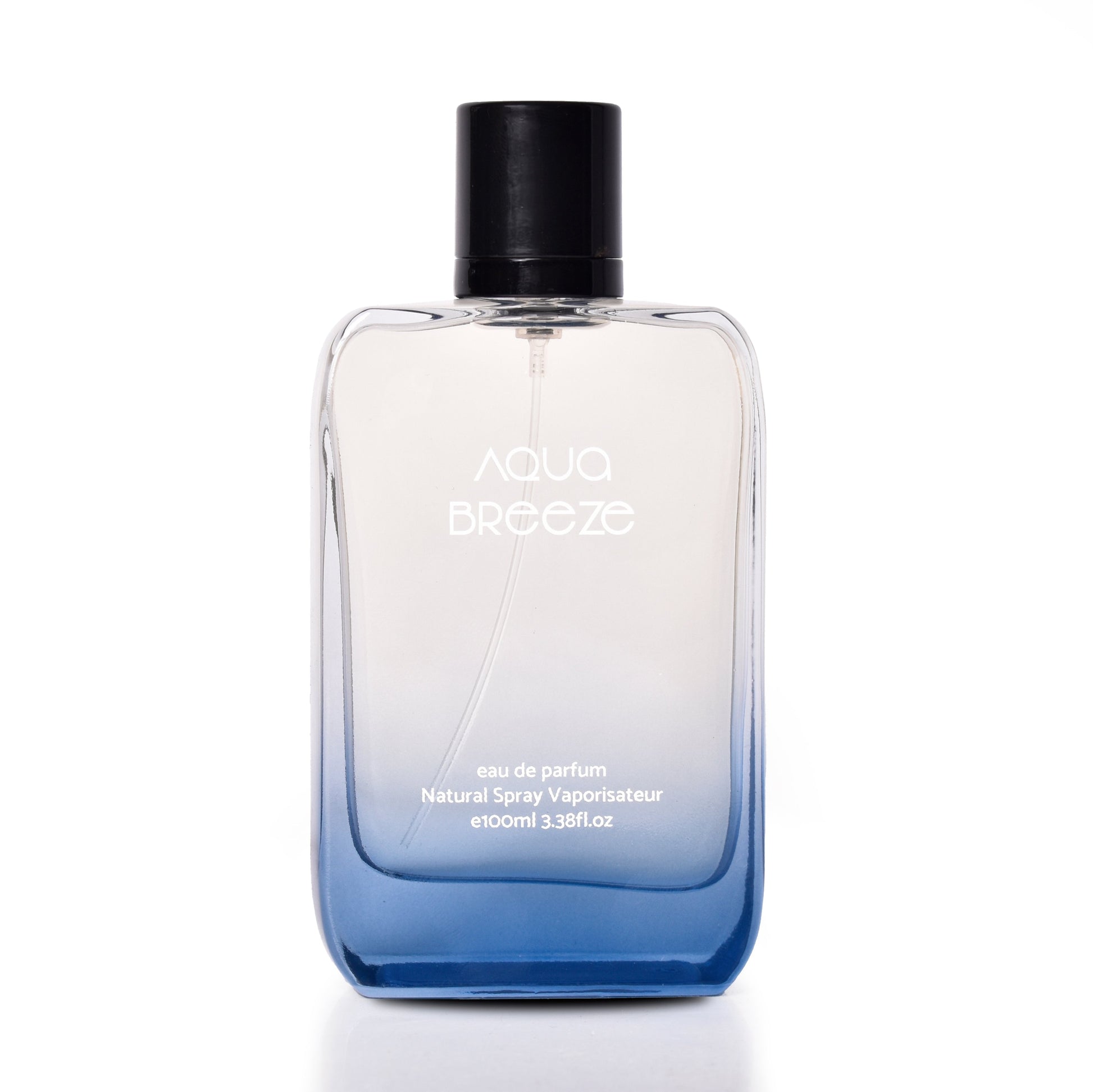 Clear perfume bottle with black cap labeled 'Aqua Breeze' on a white background