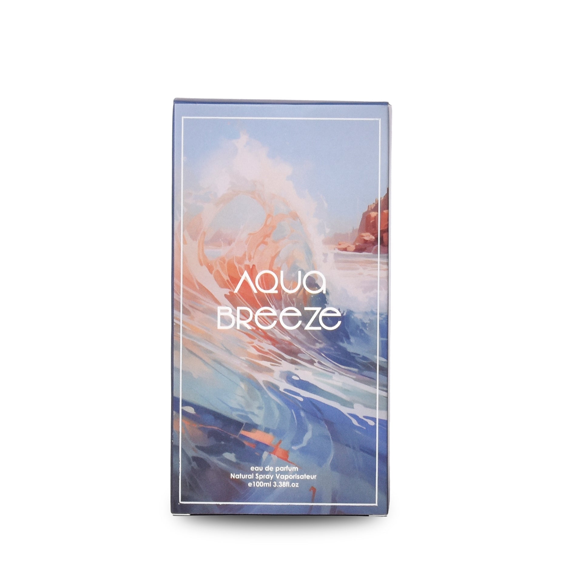 Aqua Breeze perfume packaging with abstract design on a white background