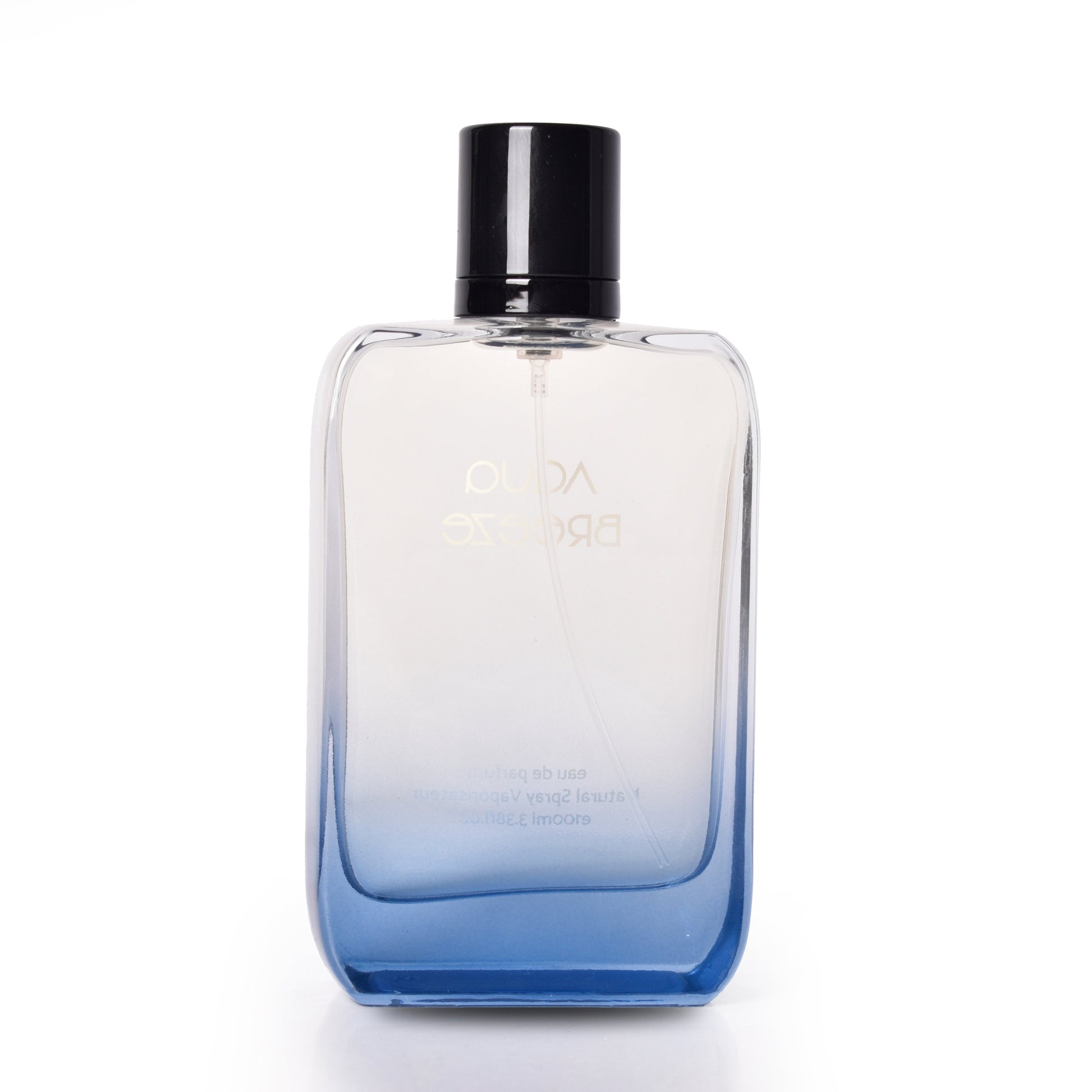 Clear glass bottle with black cap on a white background