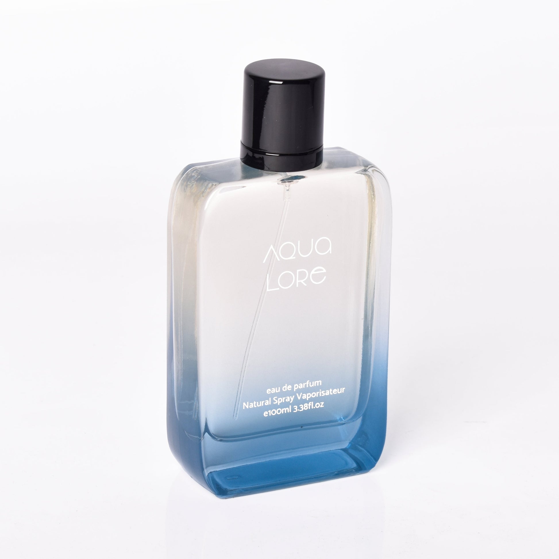 Luxury Aqua Lore unisex fragrance with fresh aquatic notes, photographed on glass