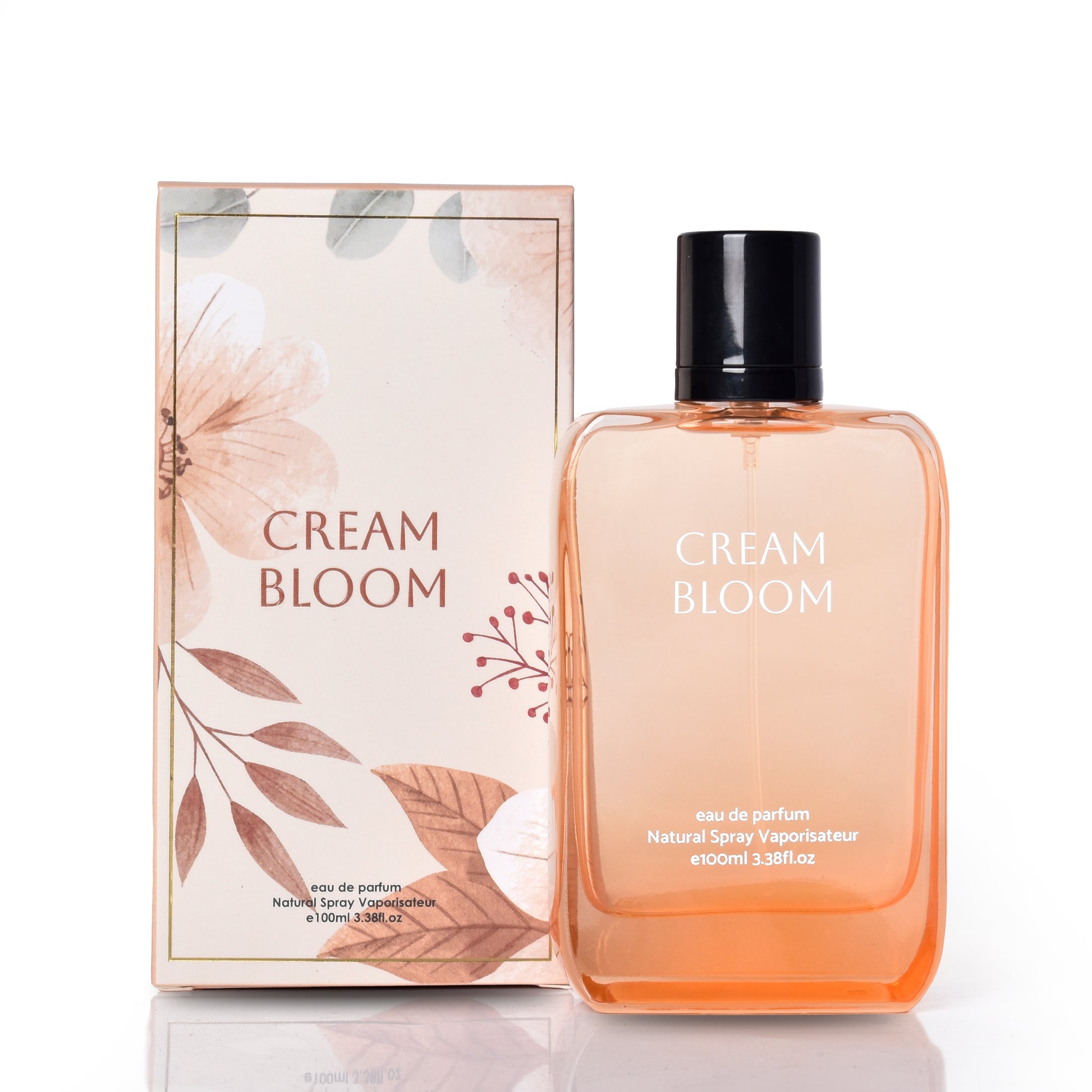 Perfume bottle and packaging of 'Cream Bloom' on a white background