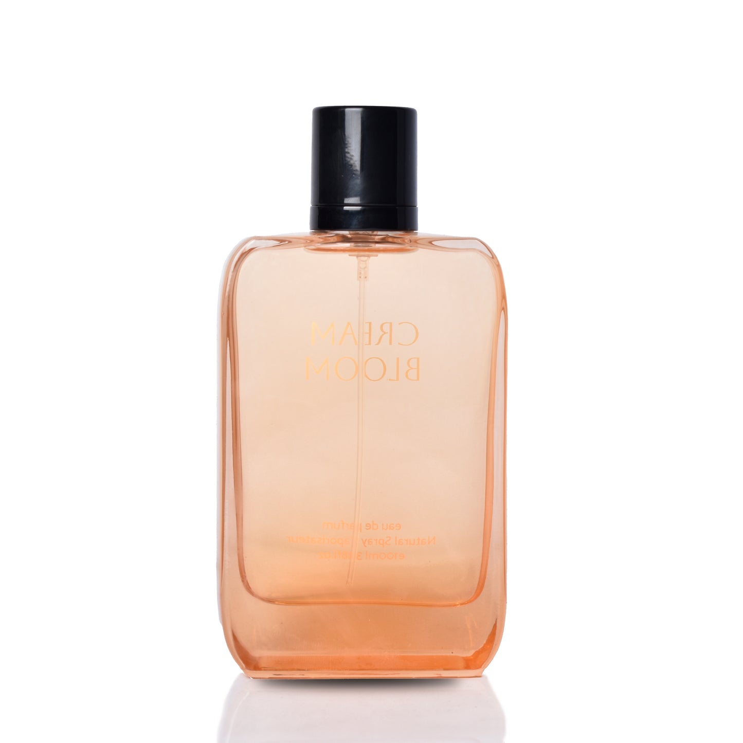 Perfume bottle with a black cap on a white background