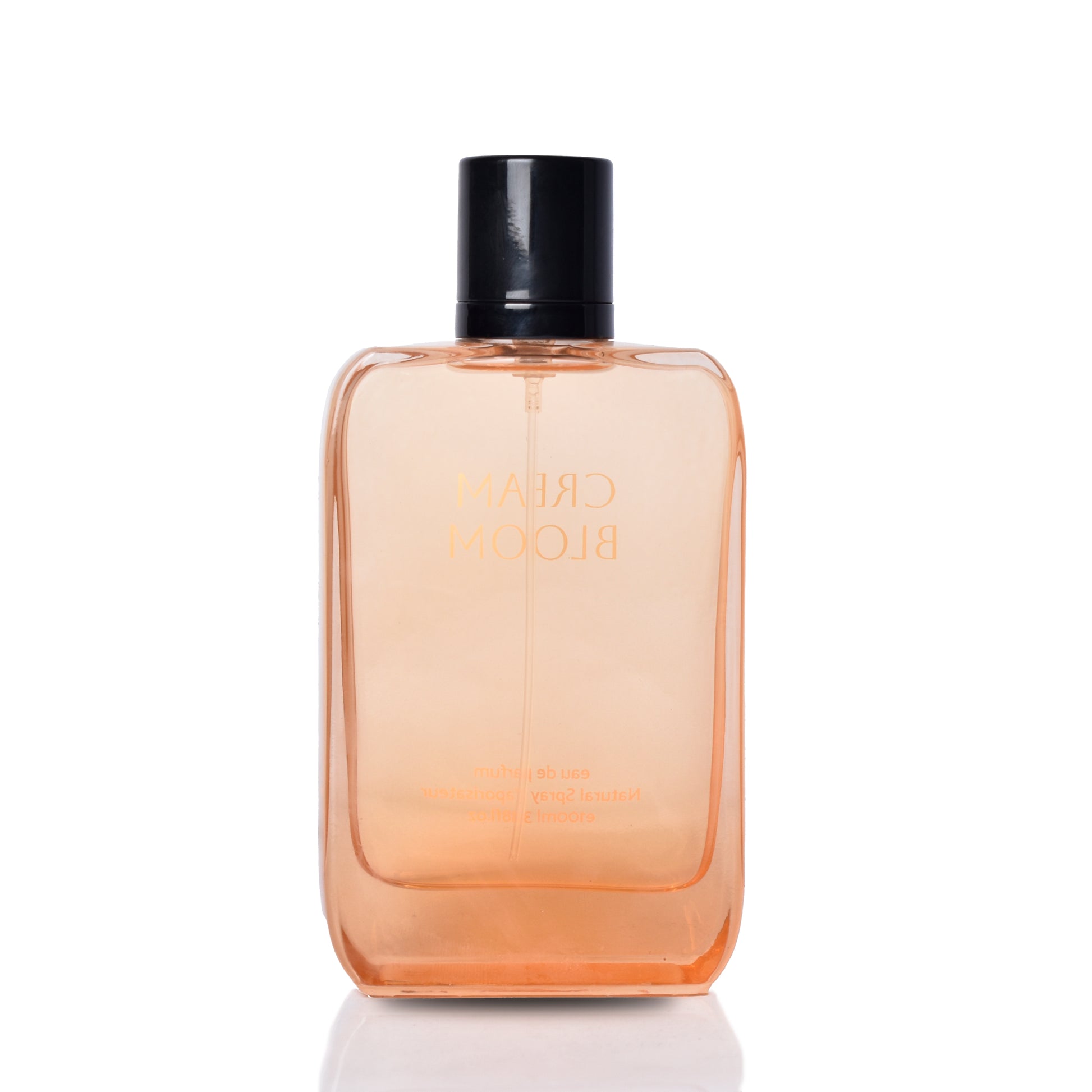 Perfume bottle with a black cap on a white background