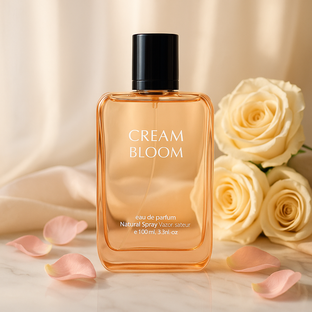Perfume bottle labeled 'Cream Bloom' with white roses and petals on a soft background