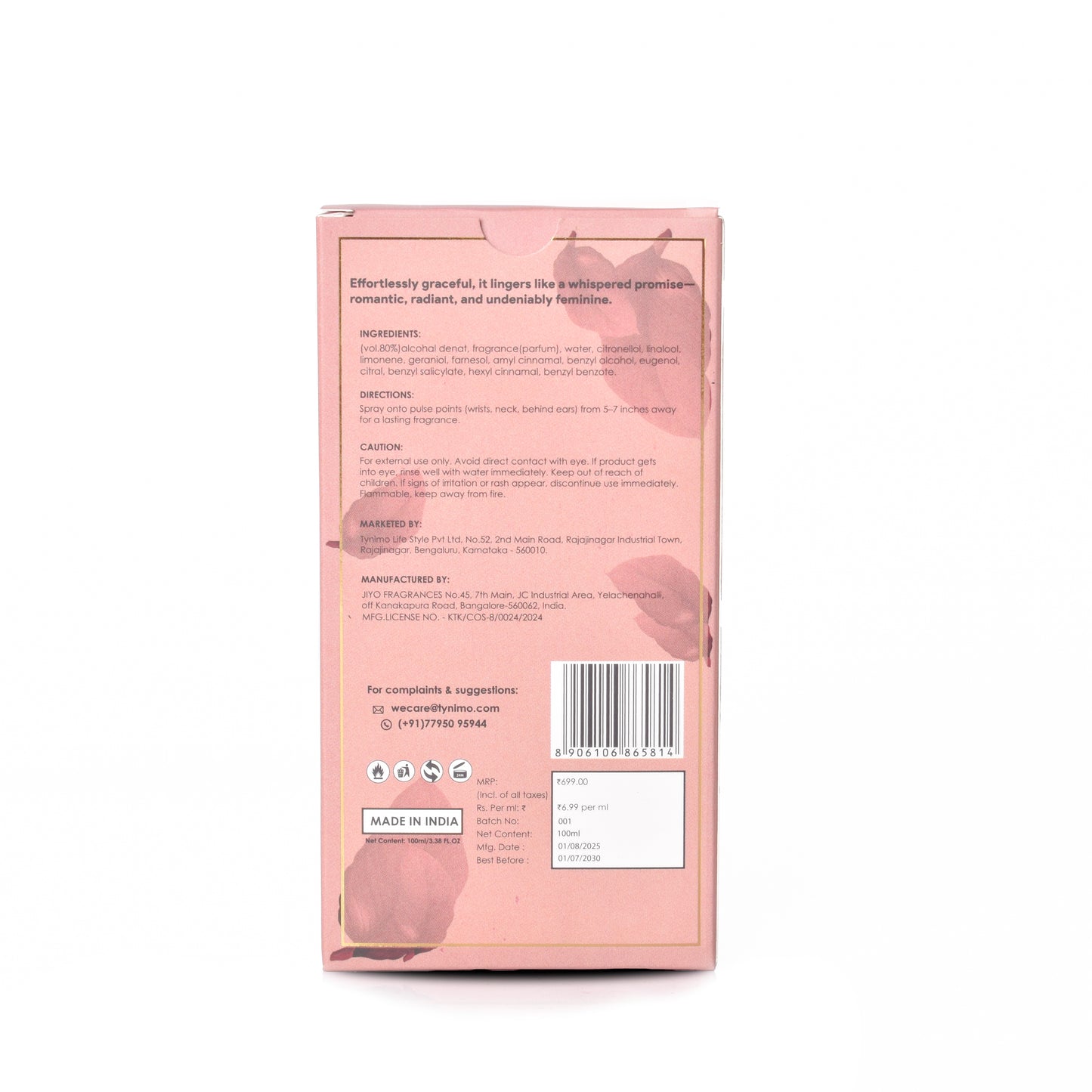 Back view of a pink packaging with text and a barcode on a white background