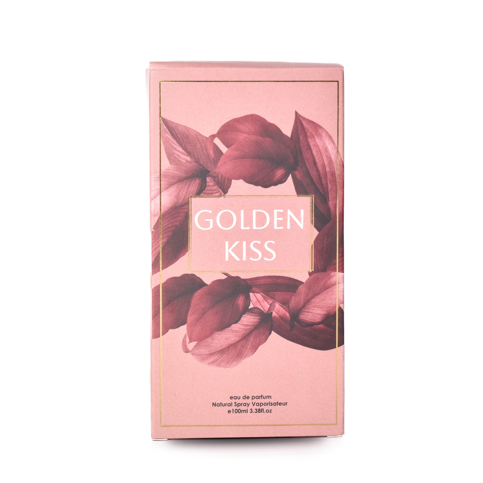 Perfume packaging with floral design and 'Golden Kiss' text on a white background