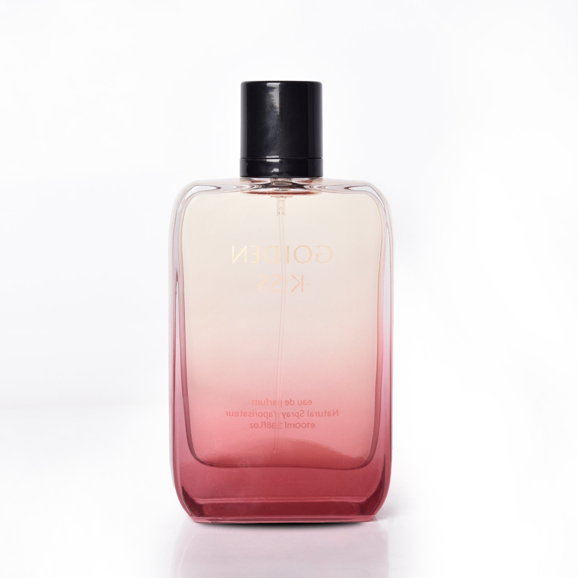 Gradient pink to clear bottle with black cap on a white background