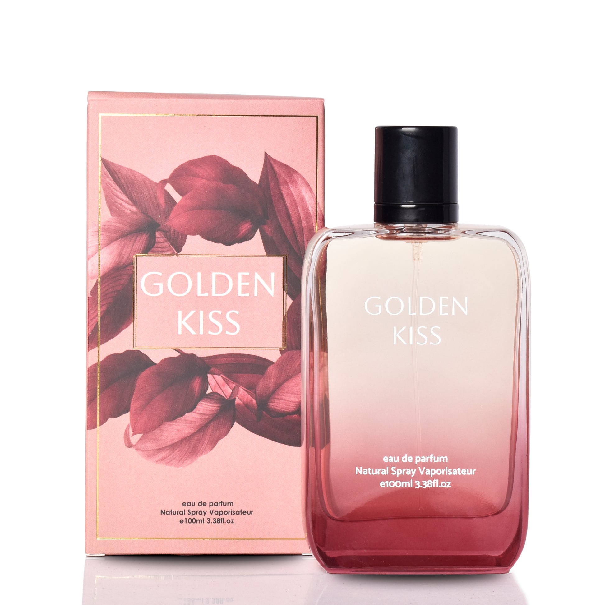 Perfume bottle and packaging of 'Golden Kiss' on a white background